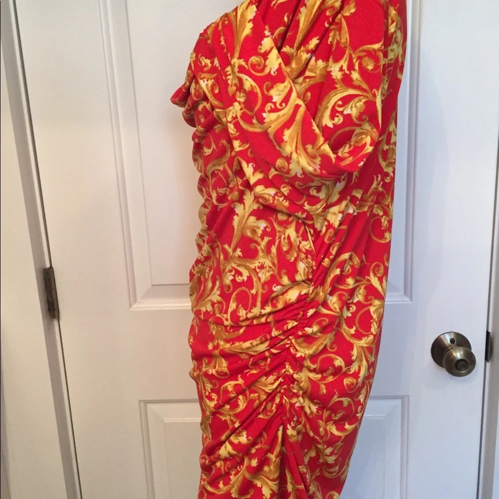 CARMEN MARC VALVO BLOUSE TOP RED GOLD GATHERS STRETCH size XL - Picture 4 of 6